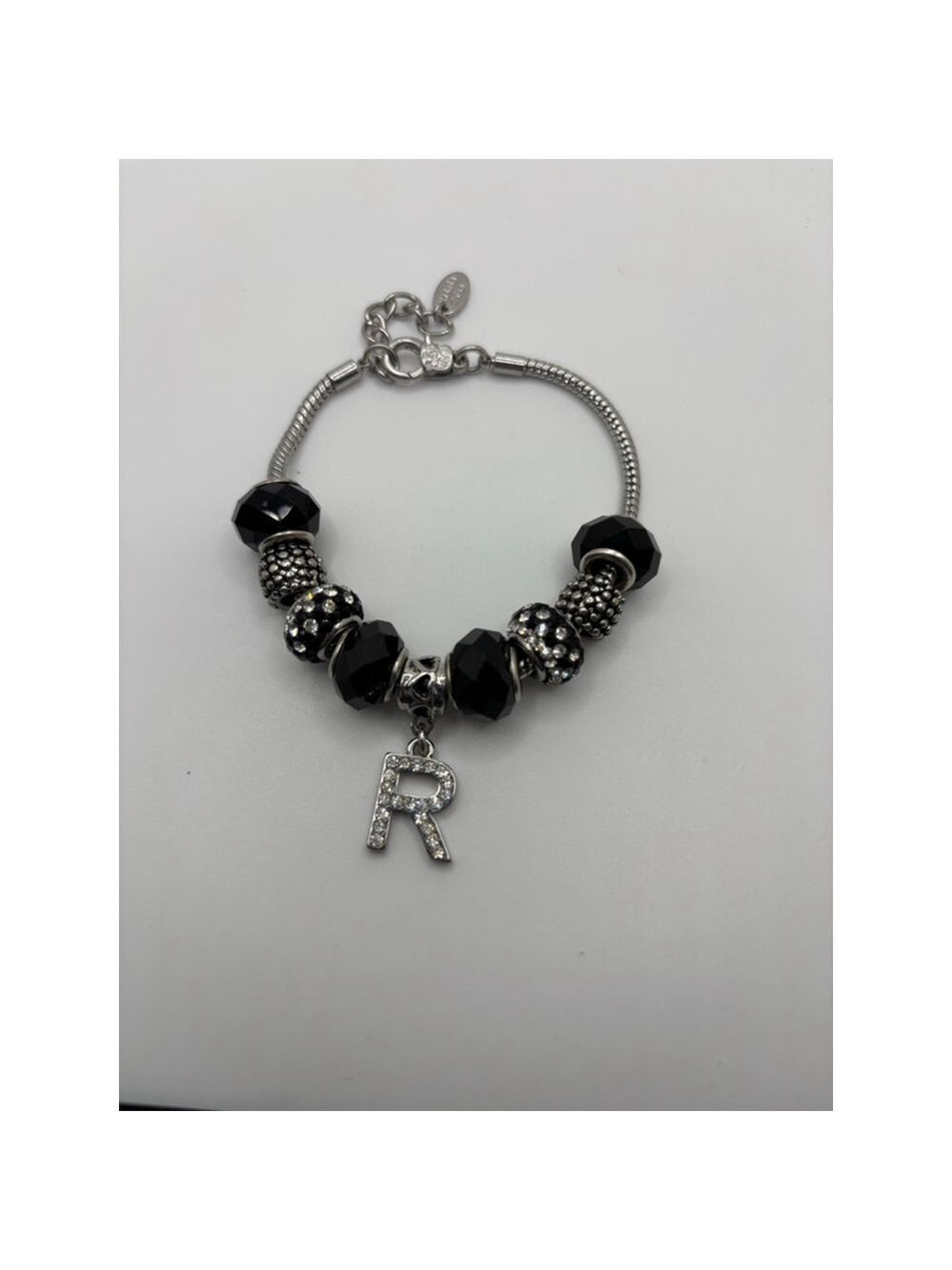 Charm Bracelet Silver Black R Initial NWOT